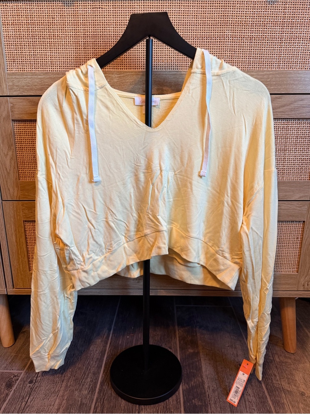 Colsie Light Yellow Cropped V-Neck Hoodie with White Drawstrings